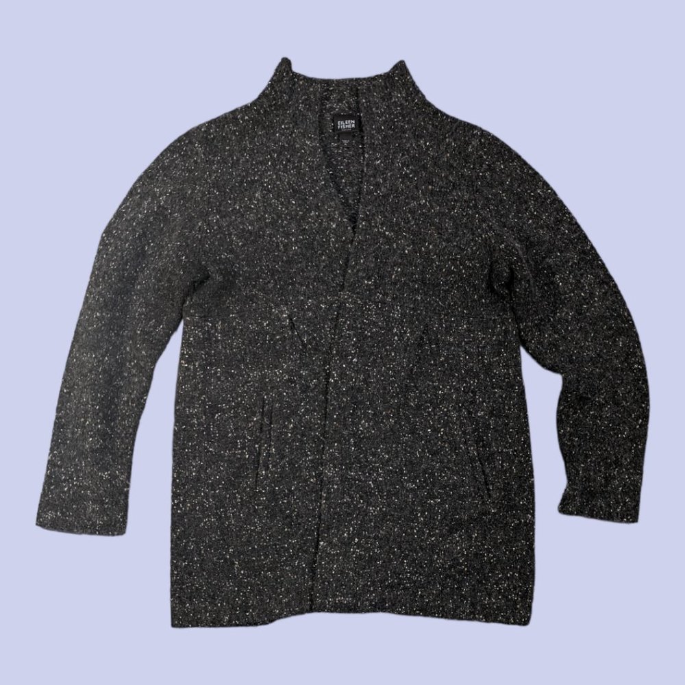 Eileen Fisher | Women's Lambswool Long Cardigan Speckled Charcoal Petite Large